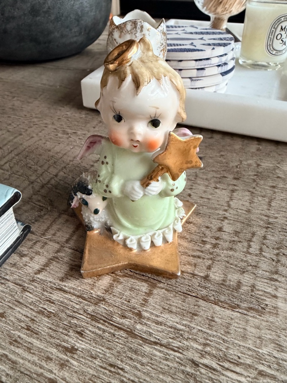 Vtg ARDALT Angel Sugar Baby Lamb Star Wand Gold Bud Vase Pink Wings Japan 4”